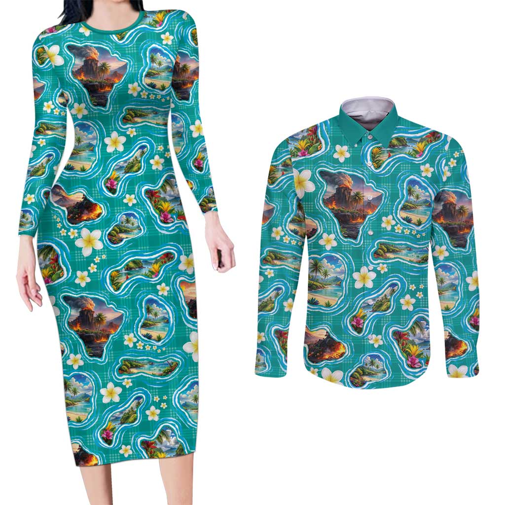 Hawaii Map with Plumeria Flower and Palaka Pattern Couples Matching Long Sleeve Bodycon Dress and Long Sleeve Button Shirt Tropical Island Teal Design