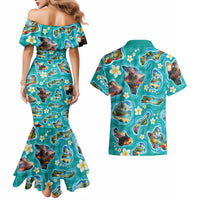 Hawaii Map with Plumeria Flower and Palaka Pattern Couples Matching Mermaid Dress and Hawaiian Shirt Tropical Island Teal Design