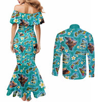 Hawaii Map with Plumeria Flower and Palaka Pattern Couples Matching Mermaid Dress and Long Sleeve Button Shirt Tropical Island Teal Design