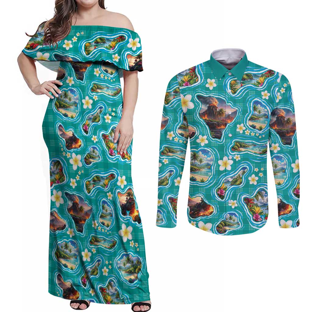 Hawaii Map with Plumeria Flower and Palaka Pattern Couples Matching Off Shoulder Maxi Dress and Long Sleeve Button Shirt Tropical Island Teal Design