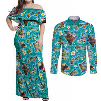 Hawaii Map with Plumeria Flower and Palaka Pattern Couples Matching Off Shoulder Maxi Dress and Long Sleeve Button Shirt Tropical Island Teal Design
