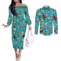 Hawaii Map with Plumeria Flower and Palaka Pattern Couples Matching Off The Shoulder Long Sleeve Dress and Long Sleeve Button Shirt Tropical Island Teal Design