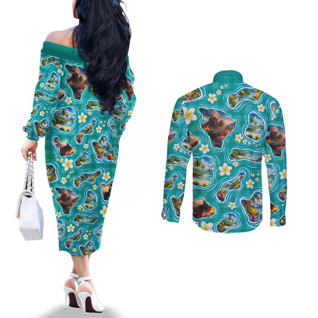 Hawaii Map with Plumeria Flower and Palaka Pattern Couples Matching Off The Shoulder Long Sleeve Dress and Long Sleeve Button Shirt Tropical Island Teal Design