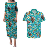 Hawaii Map with Plumeria Flower and Palaka Pattern Couples Matching Puletasi and Hawaiian Shirt Tropical Island Teal Design