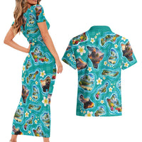 Hawaii Map with Plumeria Flower and Palaka Pattern Couples Matching Short Sleeve Bodycon Dress and Hawaiian Shirt Tropical Island Teal Design