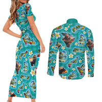 Hawaii Map with Plumeria Flower and Palaka Pattern Couples Matching Short Sleeve Bodycon Dress and Long Sleeve Button Shirt Tropical Island Teal Design