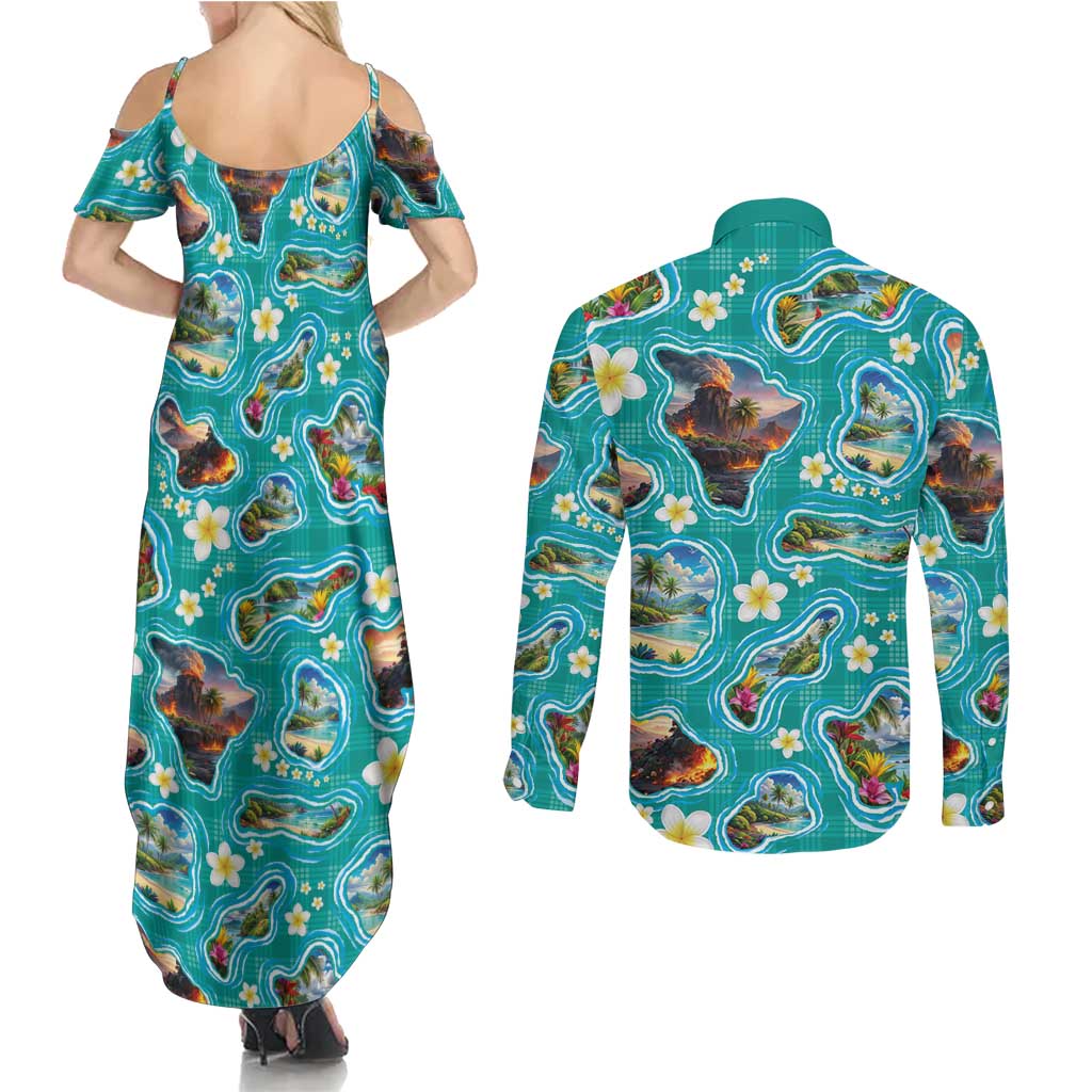 Hawaii Map with Plumeria Flower and Palaka Pattern Couples Matching Summer Maxi Dress and Long Sleeve Button Shirt Tropical Island Teal Design