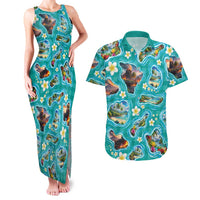 Hawaii Map with Plumeria Flower and Palaka Pattern Couples Matching Tank Maxi Dress and Hawaiian Shirt Tropical Island Teal Design