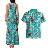 Hawaii Map with Plumeria Flower and Palaka Pattern Couples Matching Tank Maxi Dress and Hawaiian Shirt Tropical Island Teal Design