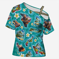 Hawaii Map with Plumeria Flower and Palaka Pattern Cross Shoulder Shirt Tropical Island Teal Design