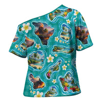 Hawaii Map with Plumeria Flower and Palaka Pattern Cross Shoulder Shirt Tropical Island Teal Design