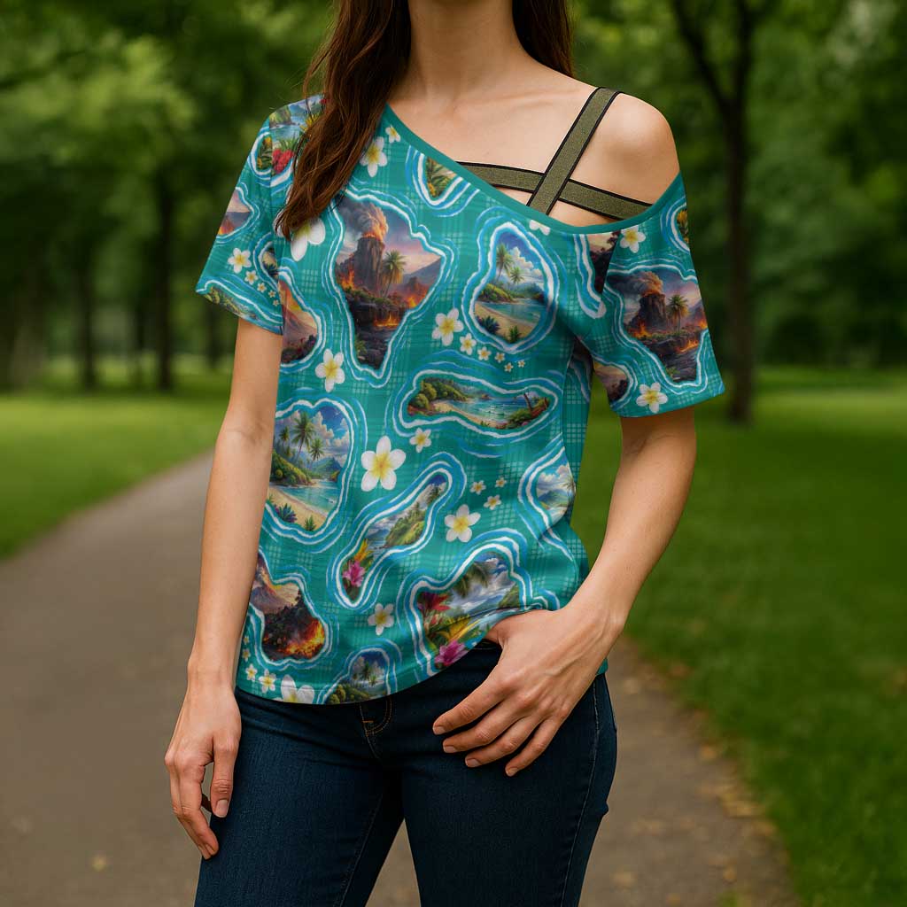 Hawaii Map with Plumeria Flower and Palaka Pattern Cross Shoulder Shirt Tropical Island Teal Design