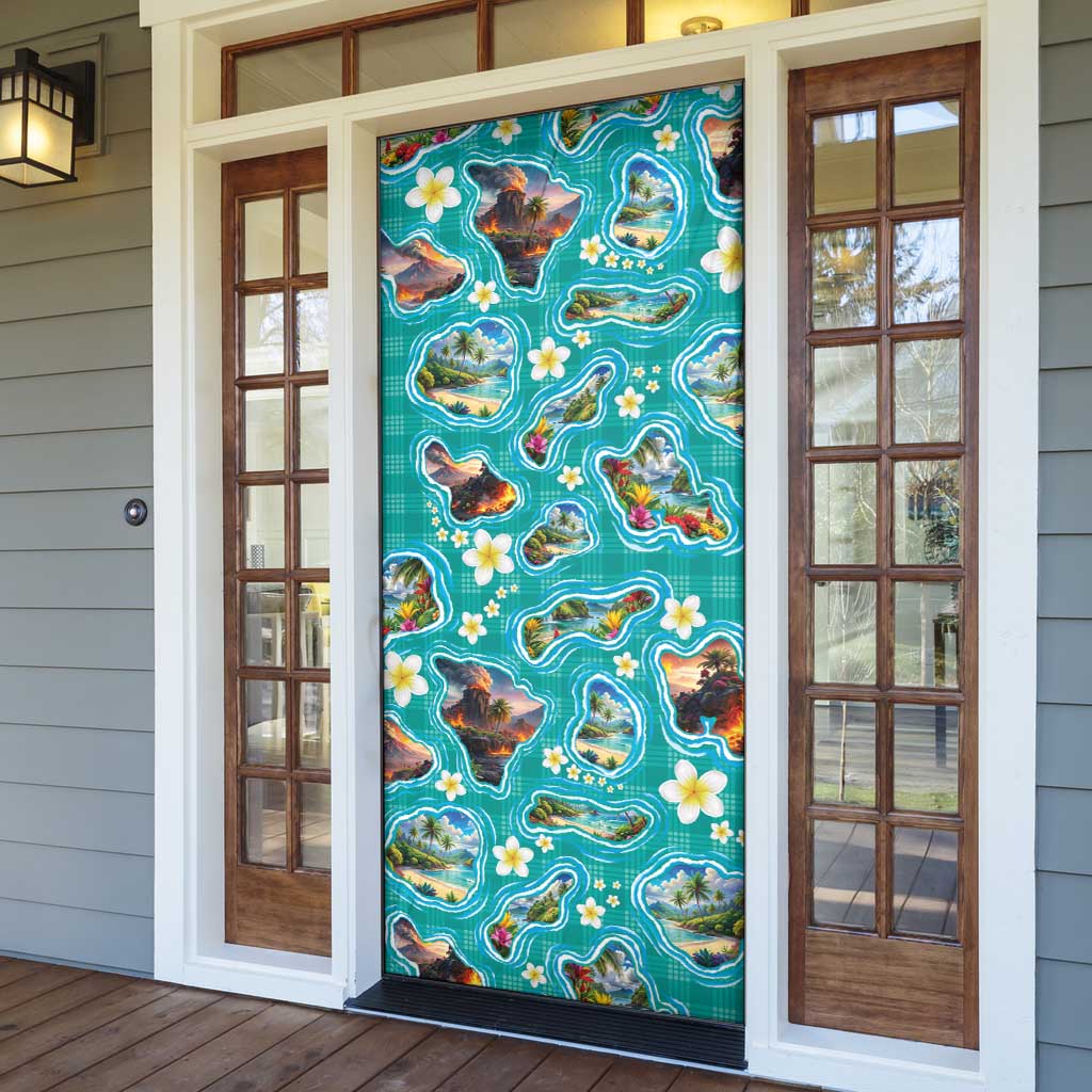 Hawaii Map with Plumeria Flower and Palaka Pattern Door Cover Tropical Island Teal Design
