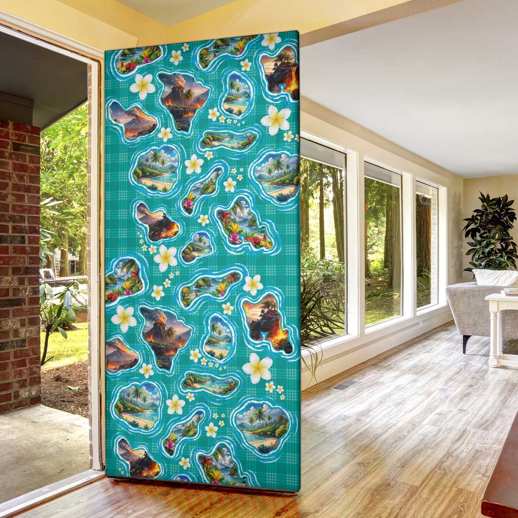 Hawaii Map with Plumeria Flower and Palaka Pattern Door Cover Tropical Island Teal Design