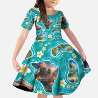 Hawaii Map with Plumeria Flower and Palaka Pattern Family Matching Long Sleeve Bodycon Dress and Hawaiian Shirt Tropical Island Teal Design LT03 Daughter's Dress Teal - Polynesian Pride