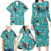Hawaii Map with Plumeria Flower and Palaka Pattern Family Matching Long Sleeve Bodycon Dress and Hawaiian Shirt Tropical Island Teal Design LT03 - Polynesian Pride