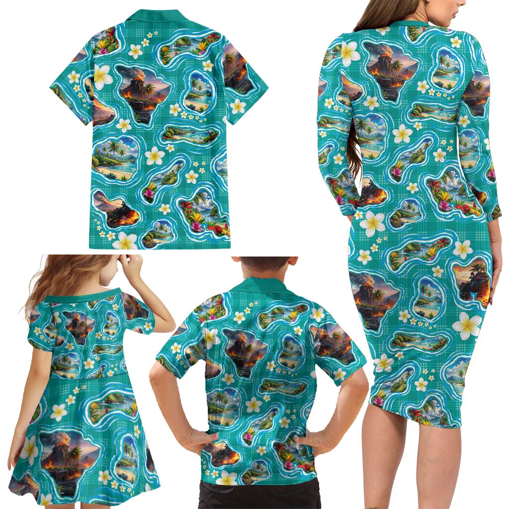 Hawaii Map with Plumeria Flower and Palaka Pattern Family Matching Long Sleeve Bodycon Dress and Hawaiian Shirt Tropical Island Teal Design LT03 - Polynesian Pride