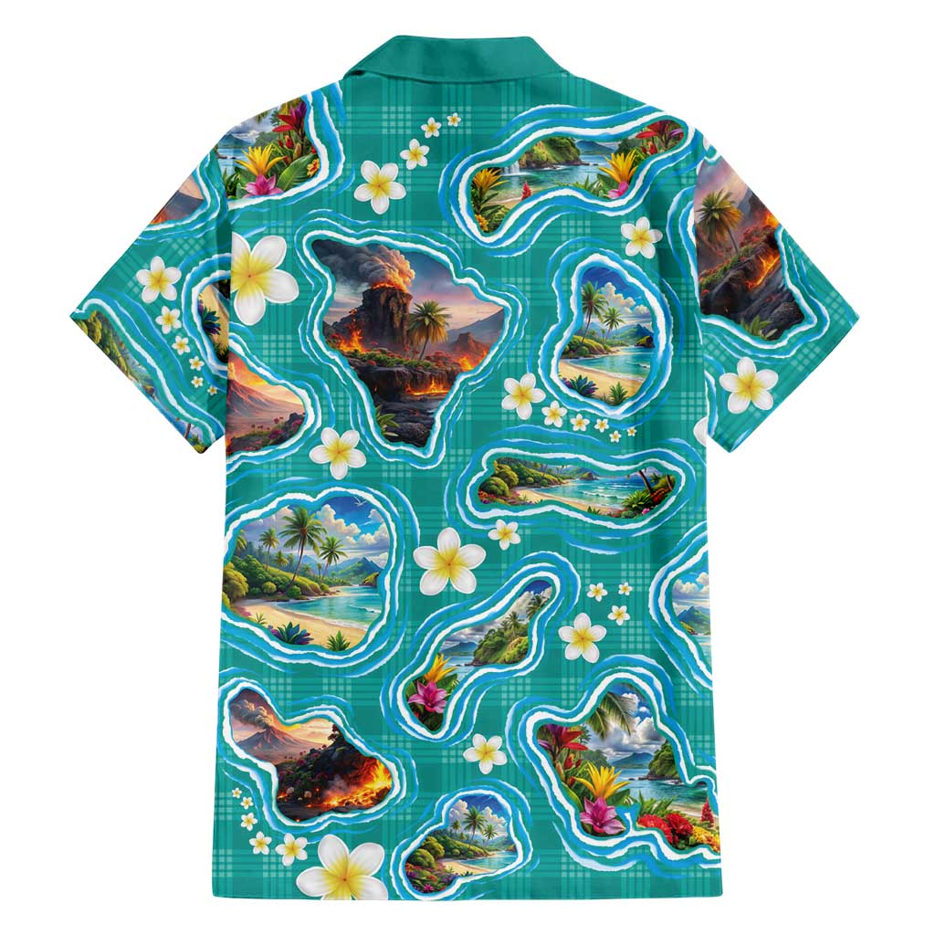 Hawaii Map with Plumeria Flower and Palaka Pattern Family Matching Long Sleeve Bodycon Dress and Hawaiian Shirt Tropical Island Teal Design LT03 - Polynesian Pride