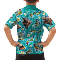 Hawaii Map with Plumeria Flower and Palaka Pattern Family Matching Mermaid Dress and Hawaiian Shirt Tropical Island Teal Design LT03 - Polynesian Pride