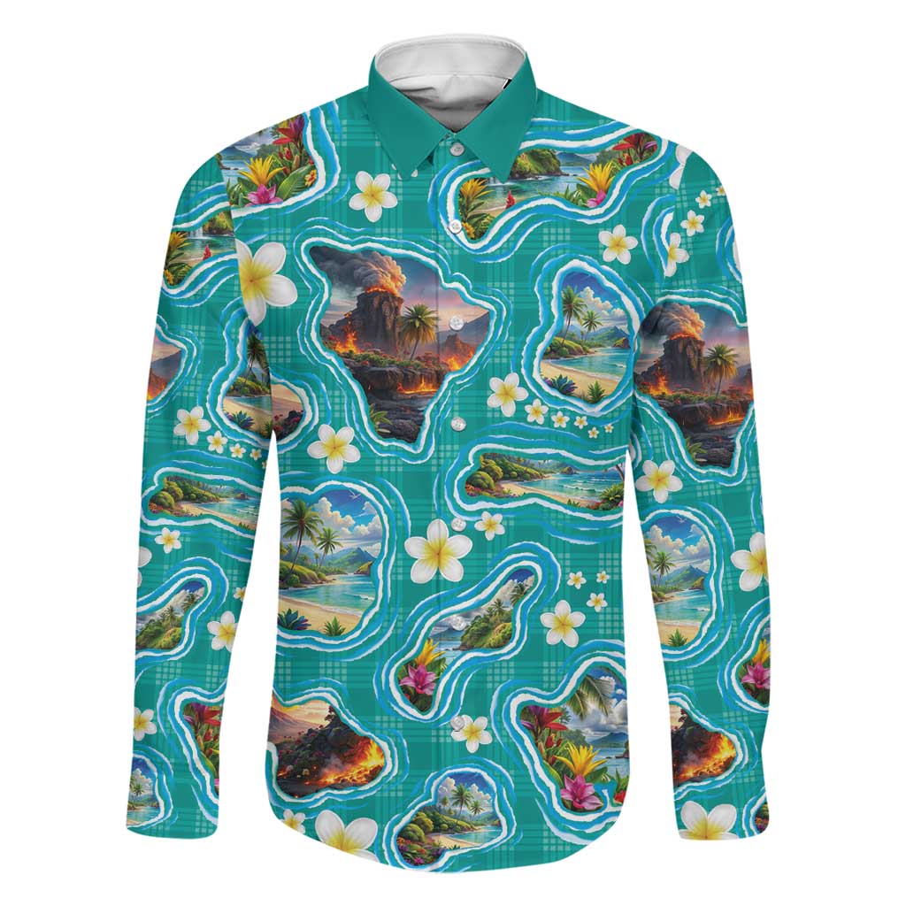 Hawaii Map with Plumeria Flower and Palaka Pattern Family Matching Mermaid Dress and Hawaiian Shirt Tropical Island Teal Design LT03 Dad's Shirt - Long Sleeve Teal - Polynesian Pride