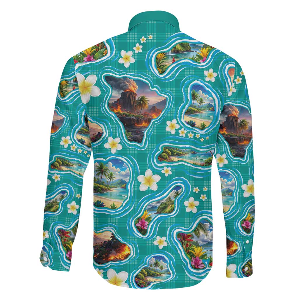Hawaii Map with Plumeria Flower and Palaka Pattern Family Matching Mermaid Dress and Hawaiian Shirt Tropical Island Teal Design LT03 - Polynesian Pride