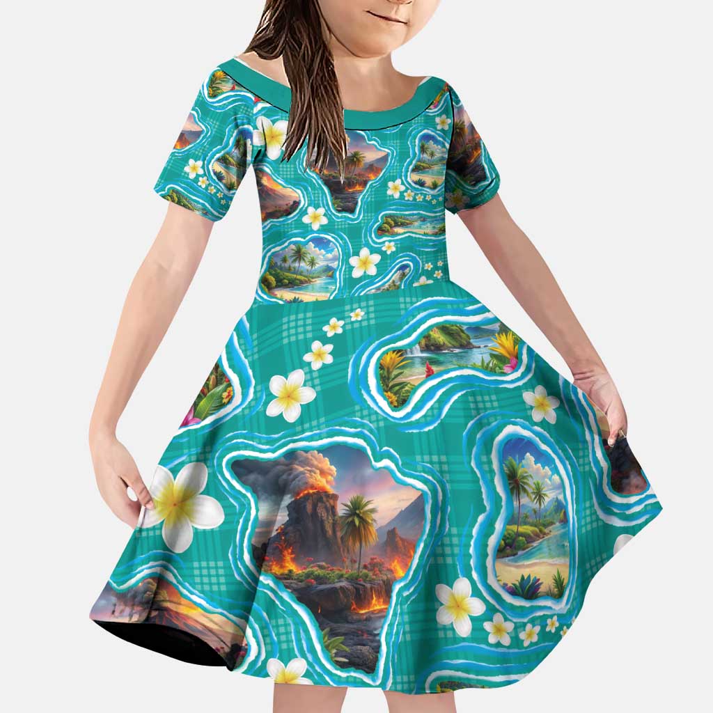 Hawaii Map with Plumeria Flower and Palaka Pattern Family Matching Off The Shoulder Long Sleeve Dress and Hawaiian Shirt Tropical Island Teal Design LT03 Daughter's Dress Teal - Polynesian Pride