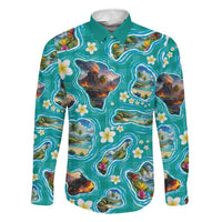 Hawaii Map with Plumeria Flower and Palaka Pattern Family Matching Off The Shoulder Long Sleeve Dress and Hawaiian Shirt Tropical Island Teal Design LT03 Dad's Shirt - Long Sleeve Teal - Polynesian Pride