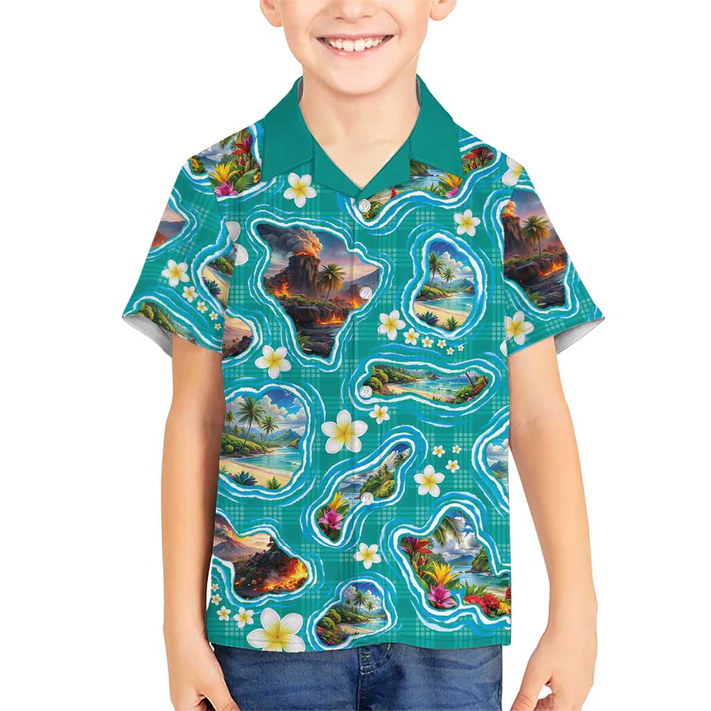 Hawaii Map with Plumeria Flower and Palaka Pattern Family Matching Off The Shoulder Long Sleeve Dress and Hawaiian Shirt Tropical Island Teal Design LT03 Son's Shirt Teal - Polynesian Pride