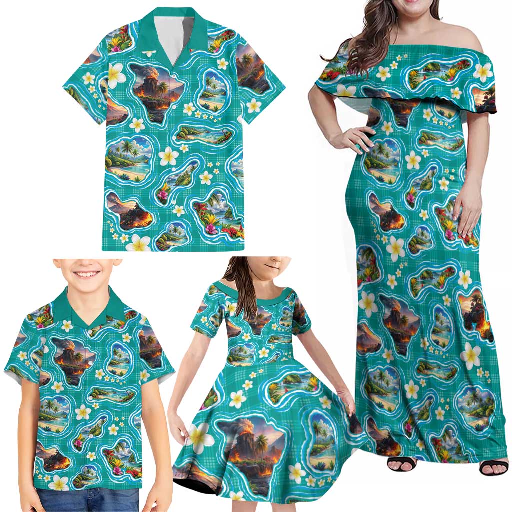Hawaii Map with Plumeria Flower and Palaka Pattern Family Matching Off Shoulder Maxi Dress and Hawaiian Shirt Tropical Island Teal Design LT03 - Polynesian Pride