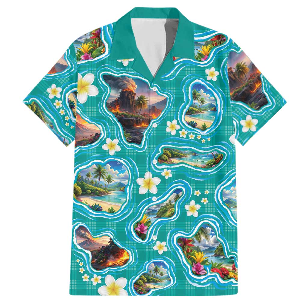 Hawaii Map with Plumeria Flower and Palaka Pattern Family Matching Off Shoulder Maxi Dress and Hawaiian Shirt Tropical Island Teal Design LT03 Dad's Shirt - Short Sleeve Teal - Polynesian Pride