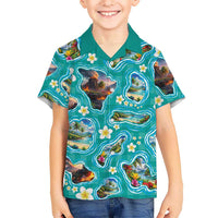 Hawaii Map with Plumeria Flower and Palaka Pattern Family Matching Off Shoulder Maxi Dress and Hawaiian Shirt Tropical Island Teal Design LT03 Son's Shirt Teal - Polynesian Pride