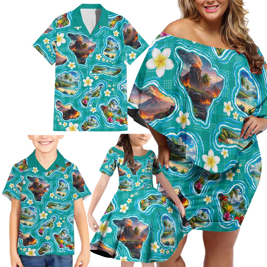 Hawaii Map with Plumeria Flower and Palaka Pattern Family Matching Off Shoulder Short Dress and Hawaiian Shirt Tropical Island Teal Design LT03 - Polynesian Pride