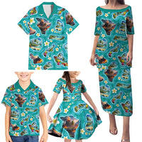 Hawaii Map with Plumeria Flower and Palaka Pattern Family Matching Puletasi and Hawaiian Shirt Tropical Island Teal Design