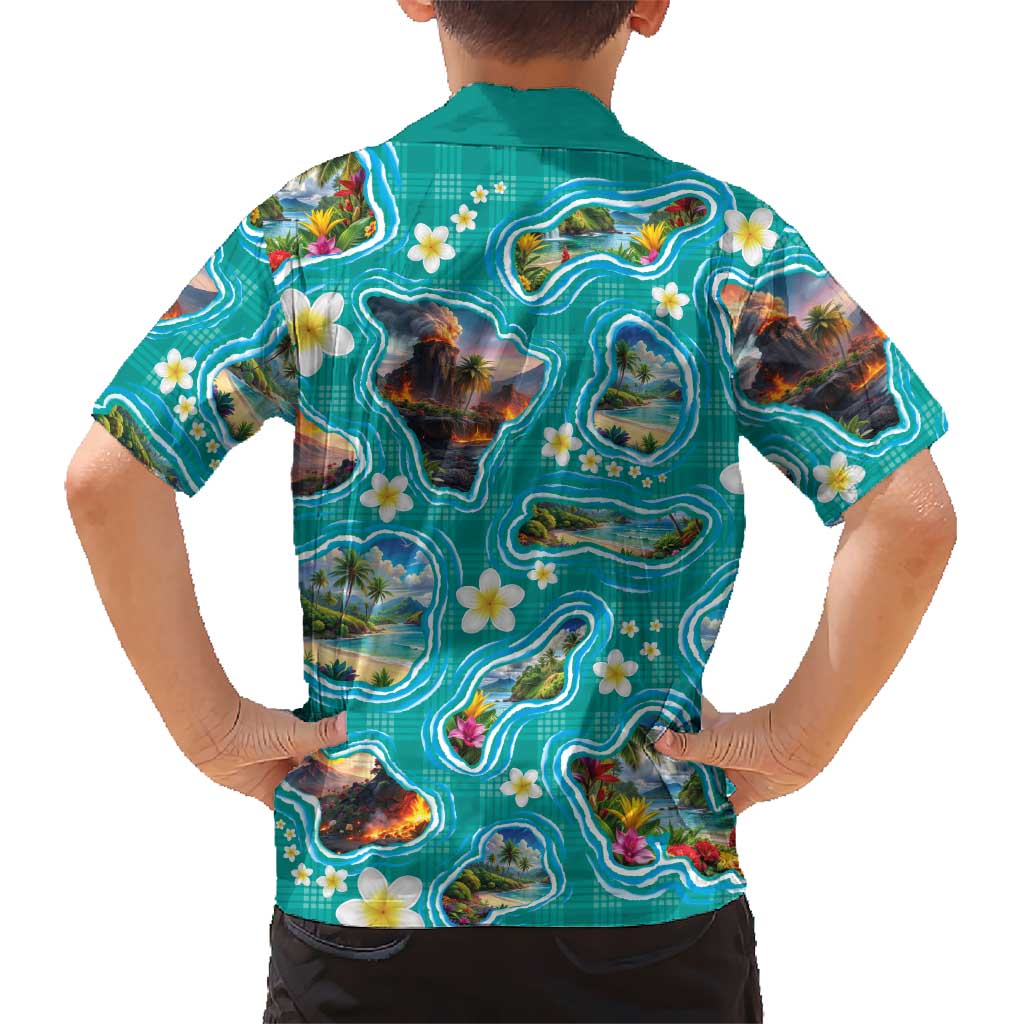 Hawaii Map with Plumeria Flower and Palaka Pattern Family Matching Short Sleeve Bodycon Dress and Hawaiian Shirt Tropical Island Teal Design LT03 - Polynesian Pride