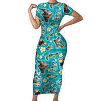 Hawaii Map with Plumeria Flower and Palaka Pattern Family Matching Short Sleeve Bodycon Dress and Hawaiian Shirt Tropical Island Teal Design LT03 Mom's Dress Teal - Polynesian Pride