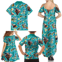 Hawaii Map with Plumeria Flower and Palaka Pattern Family Matching Summer Maxi Dress and Hawaiian Shirt Tropical Island Teal Design LT03 - Polynesian Pride