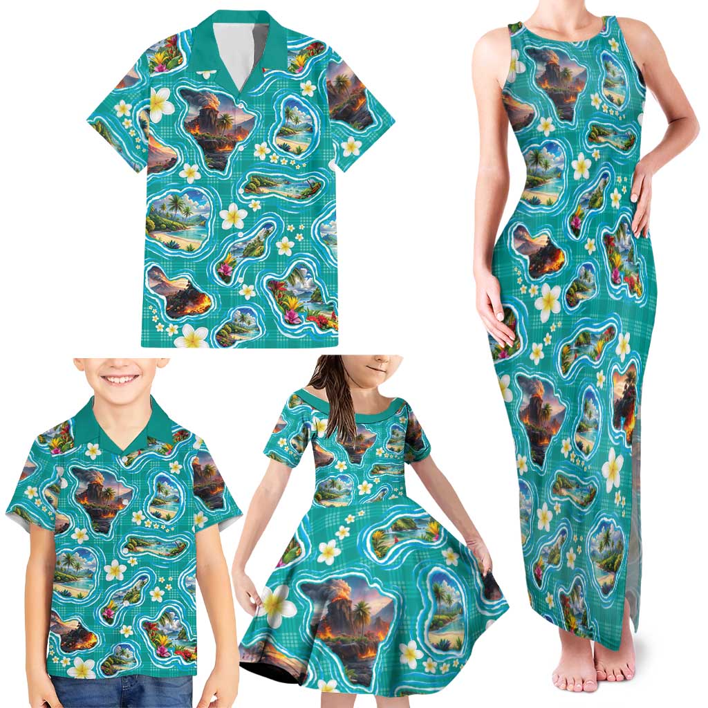 Hawaii Map with Plumeria Flower and Palaka Pattern Family Matching Tank Maxi Dress and Hawaiian Shirt Tropical Island Teal Design LT03 - Polynesian Pride