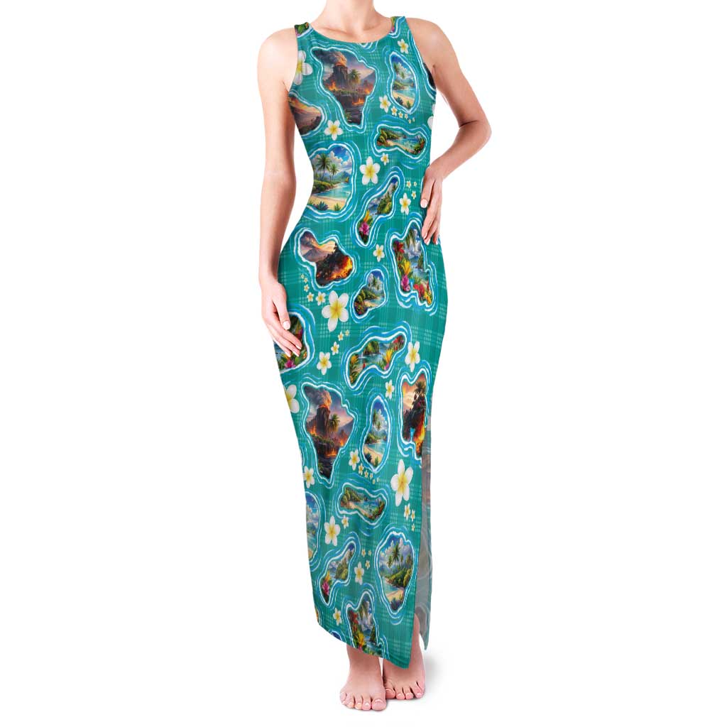 Hawaii Map with Plumeria Flower and Palaka Pattern Family Matching Tank Maxi Dress and Hawaiian Shirt Tropical Island Teal Design LT03 Mom's Dress Teal - Polynesian Pride
