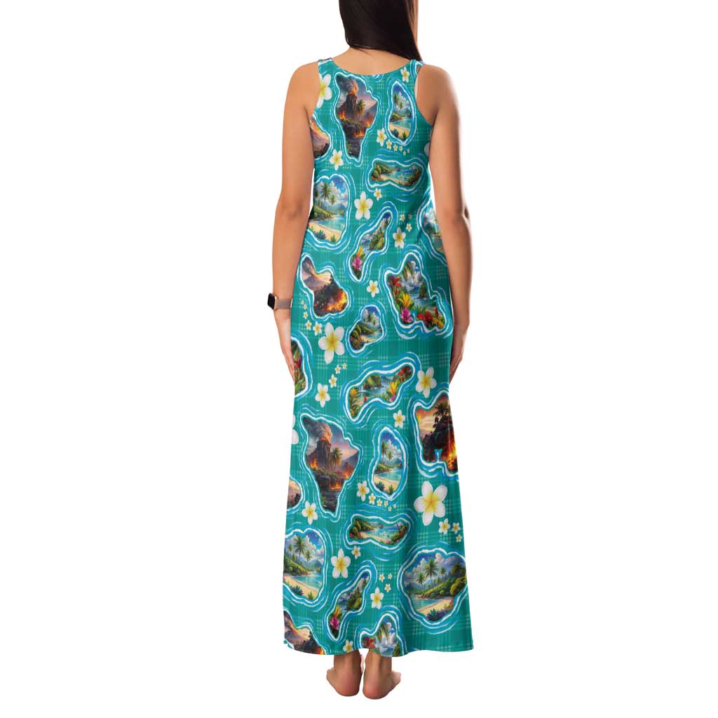 Hawaii Map with Plumeria Flower and Palaka Pattern Family Matching Tank Maxi Dress and Hawaiian Shirt Tropical Island Teal Design LT03 - Polynesian Pride