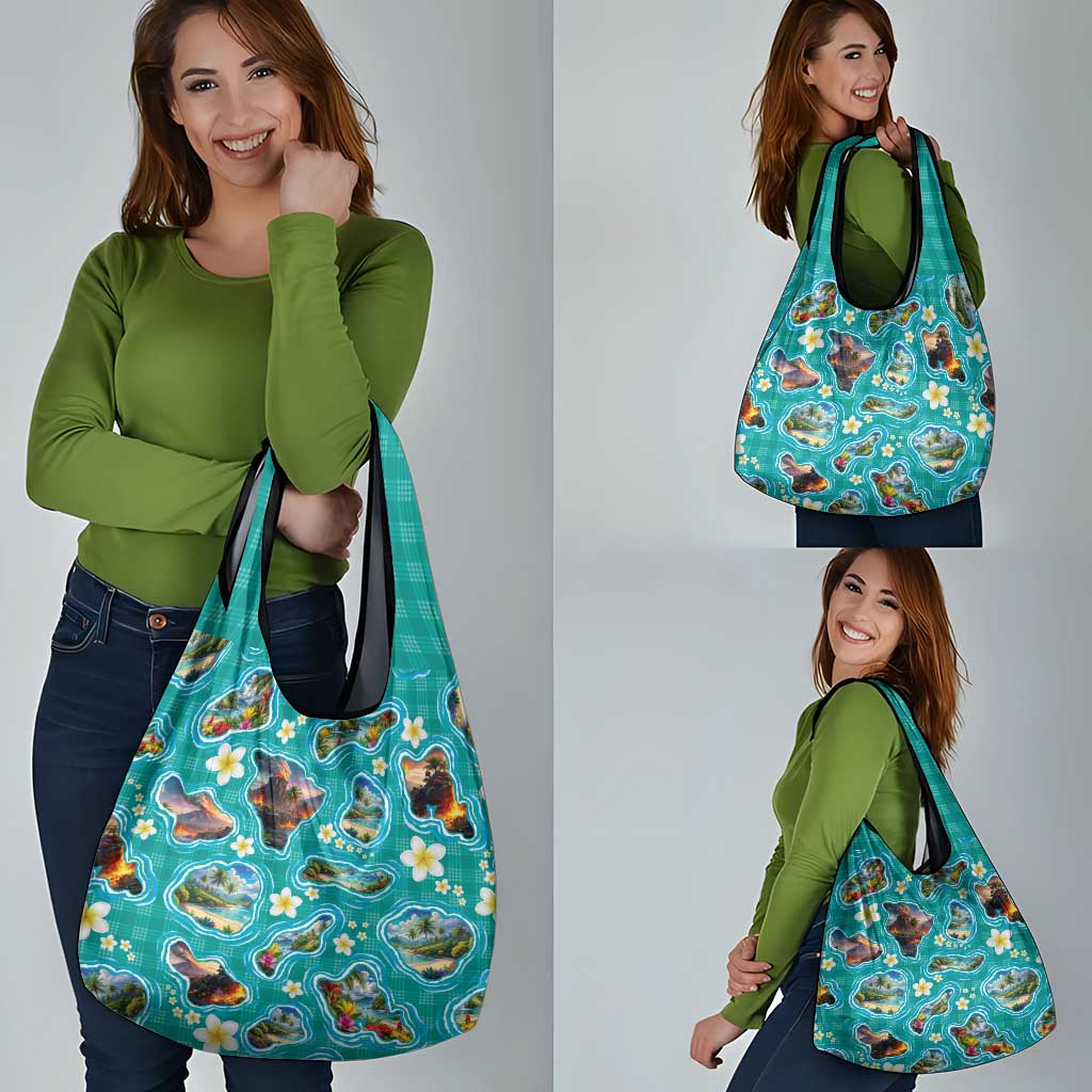 Hawaii Map with Plumeria Flower and Palaka Pattern Grocery Bag Tropical Island Teal Design