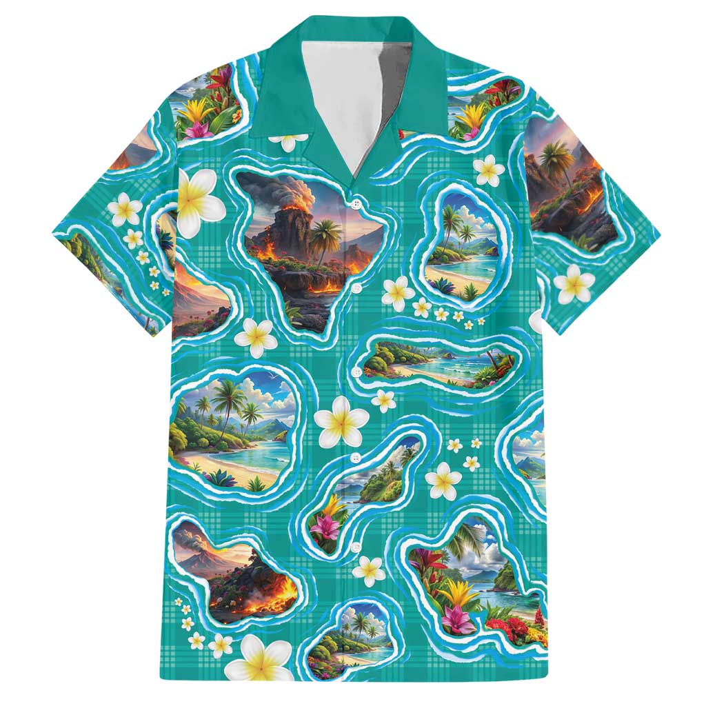 Hawaii Map with Plumeria Flower and Palaka Pattern Hawaiian Shirt Tropical Island Teal Design