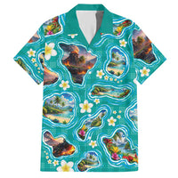Hawaii Map with Plumeria Flower and Palaka Pattern Hawaiian Shirt Tropical Island Teal Design