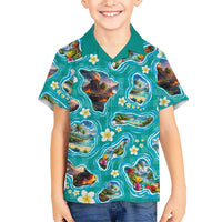 Hawaii Map with Plumeria Flower and Palaka Pattern Hawaiian Shirt Tropical Island Teal Design