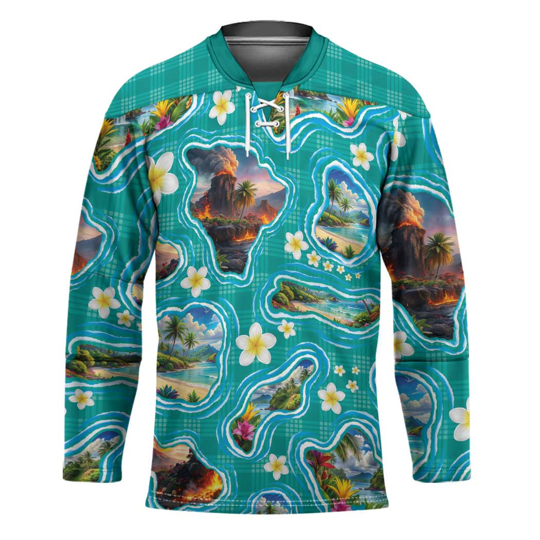 Hawaii Map with Plumeria Flower and Palaka Pattern Hockey Jersey Tropical Island Teal Design