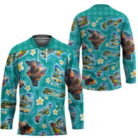Hawaii Map with Plumeria Flower and Palaka Pattern Hockey Jersey Tropical Island Teal Design