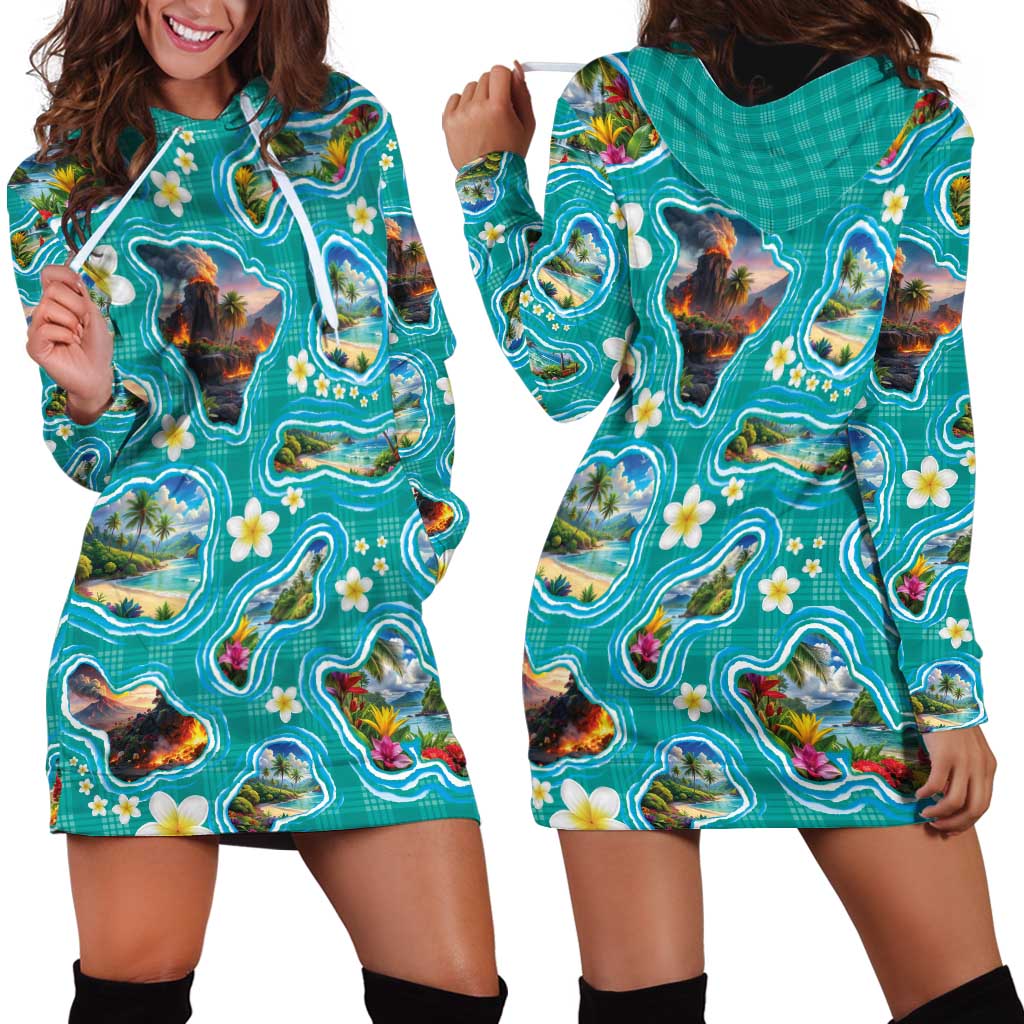 Hawaii Map with Plumeria Flower and Palaka Pattern Hoodie Dress Tropical Island Teal Design