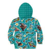 Hawaii Map with Plumeria Flower and Palaka Pattern Kid Hoodie Tropical Island Teal Design