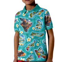 Hawaii Map with Plumeria Flower and Palaka Pattern Kid Polo Shirt Tropical Island Teal Design