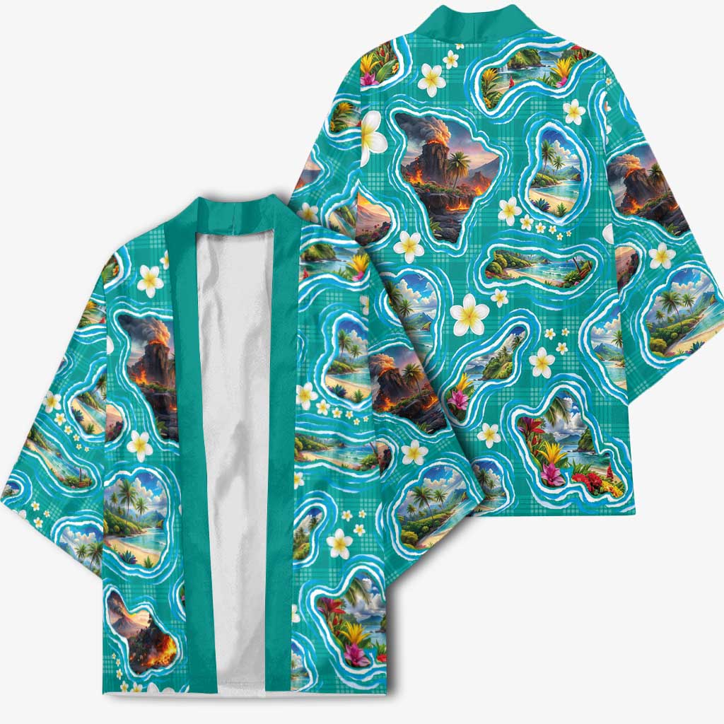 Hawaii Map with Plumeria Flower and Palaka Pattern Kimono Tropical Island Teal Design
