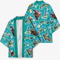 Hawaii Map with Plumeria Flower and Palaka Pattern Kimono Tropical Island Teal Design